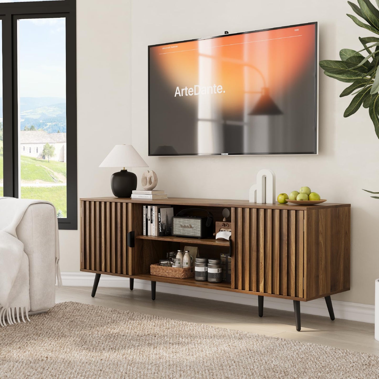Smart FENDEE Mid Century TV Stands with Storage Entertainment Center for 60 TV, Living Room, Walnut