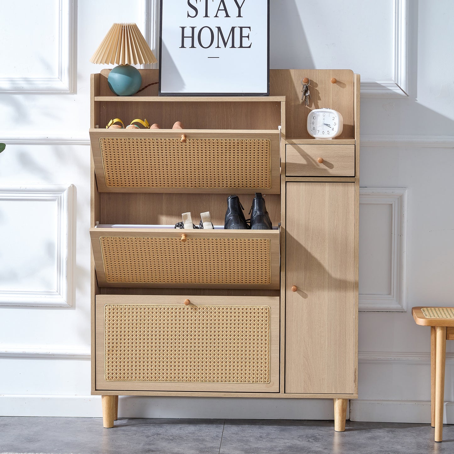 Smart FENDEE Modern Shoes Cabinet with 2 Rattan Flip Drawers for Entryway