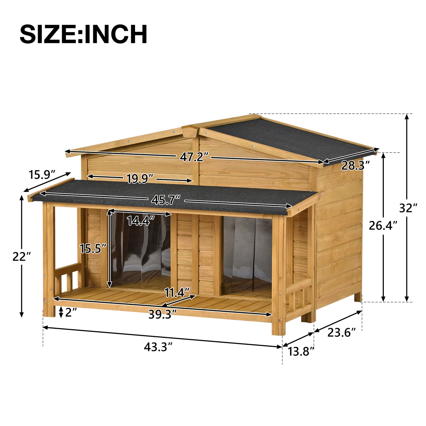 Smart FENDEE 47.2" Large Wood Dog House Pet Log Cabin Home with Porch Deck, Outdoor