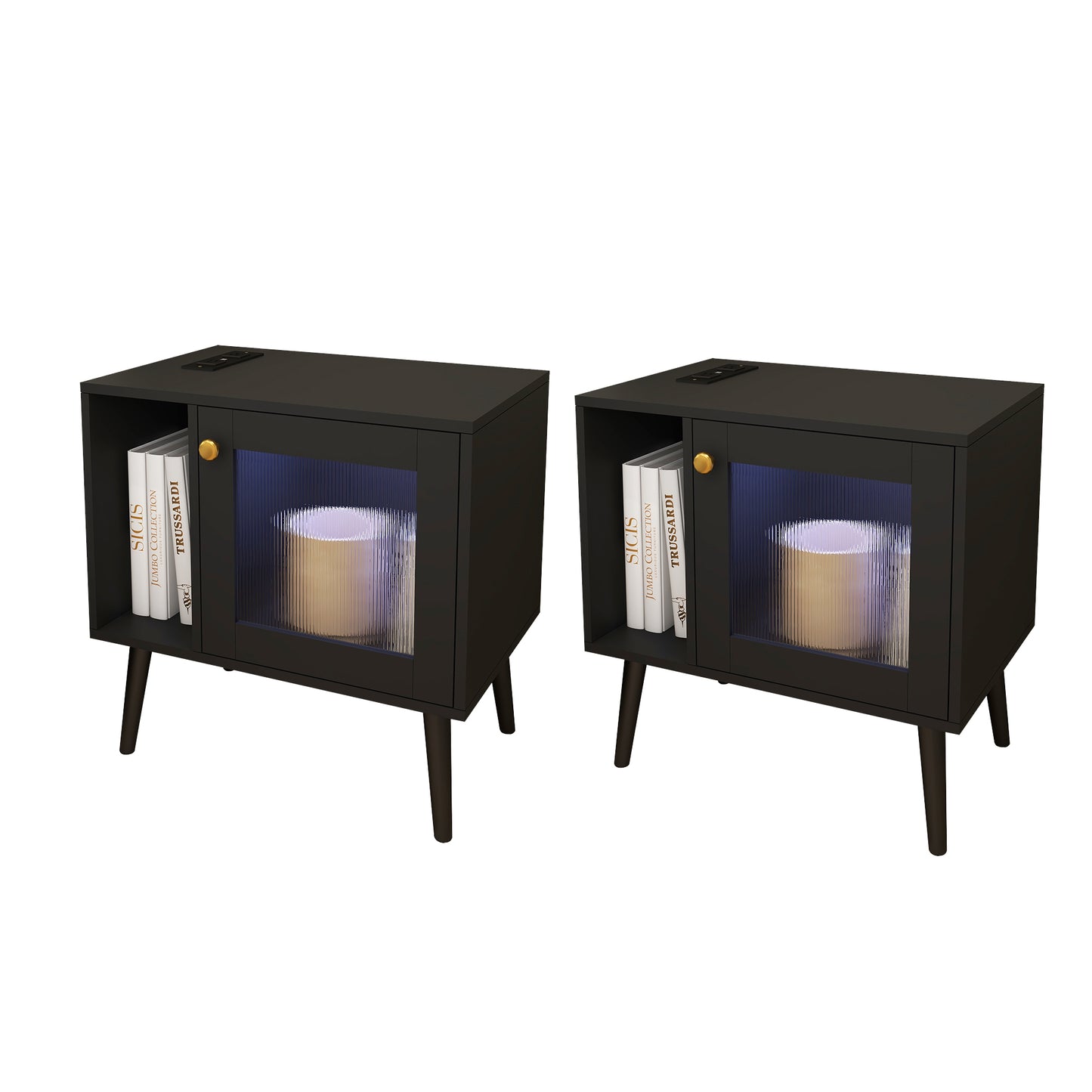 Smart FENDEE Modern Nightstand with Charging Station and Glass Door, Wood Table for Bedroom in Black