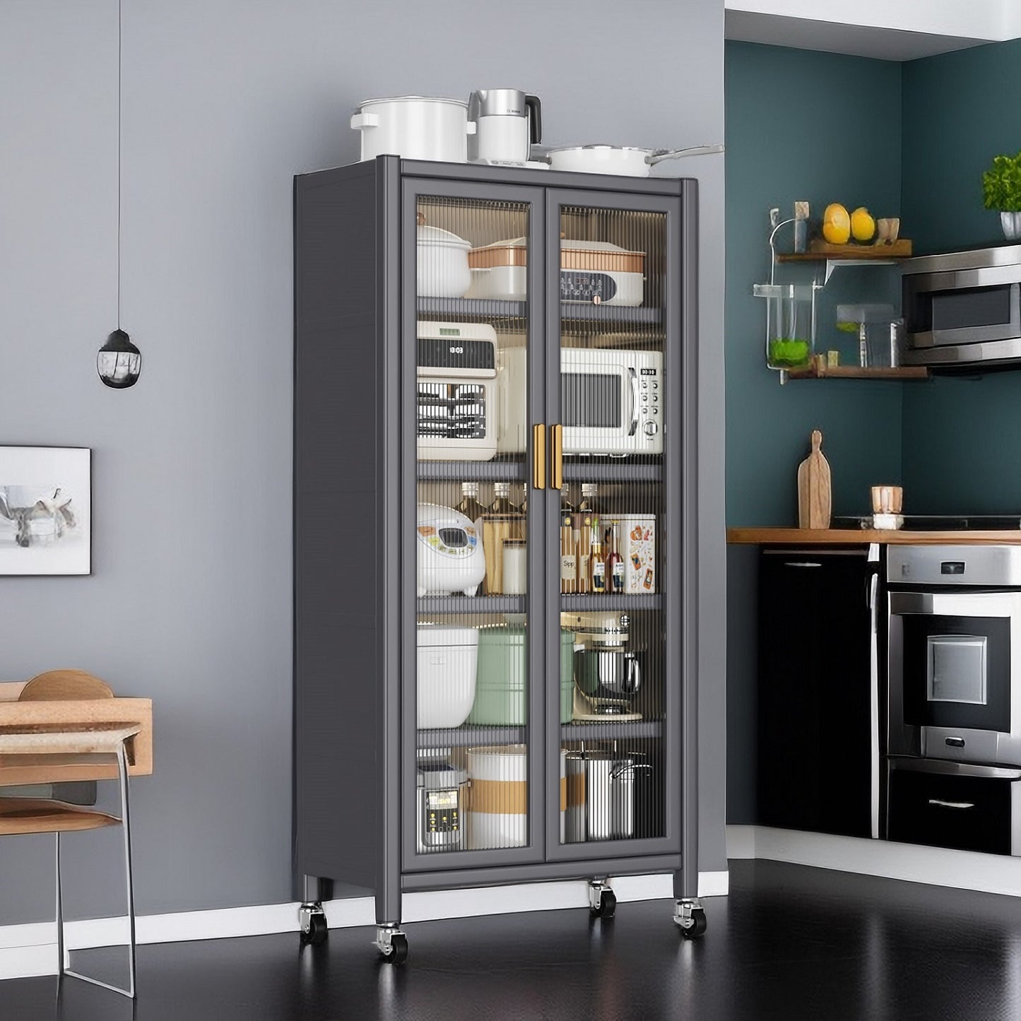Algherohein Metal Pantry Storage Cabinets with Doors and Shelves,Wheels Kitchen Storage