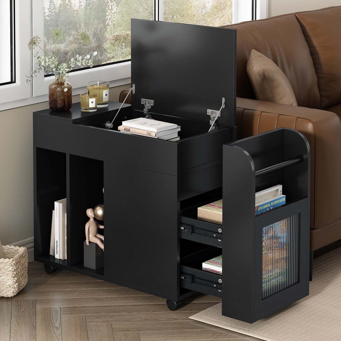 Algherohein Extendable End Table with Wheels,Modern Storage Side Table