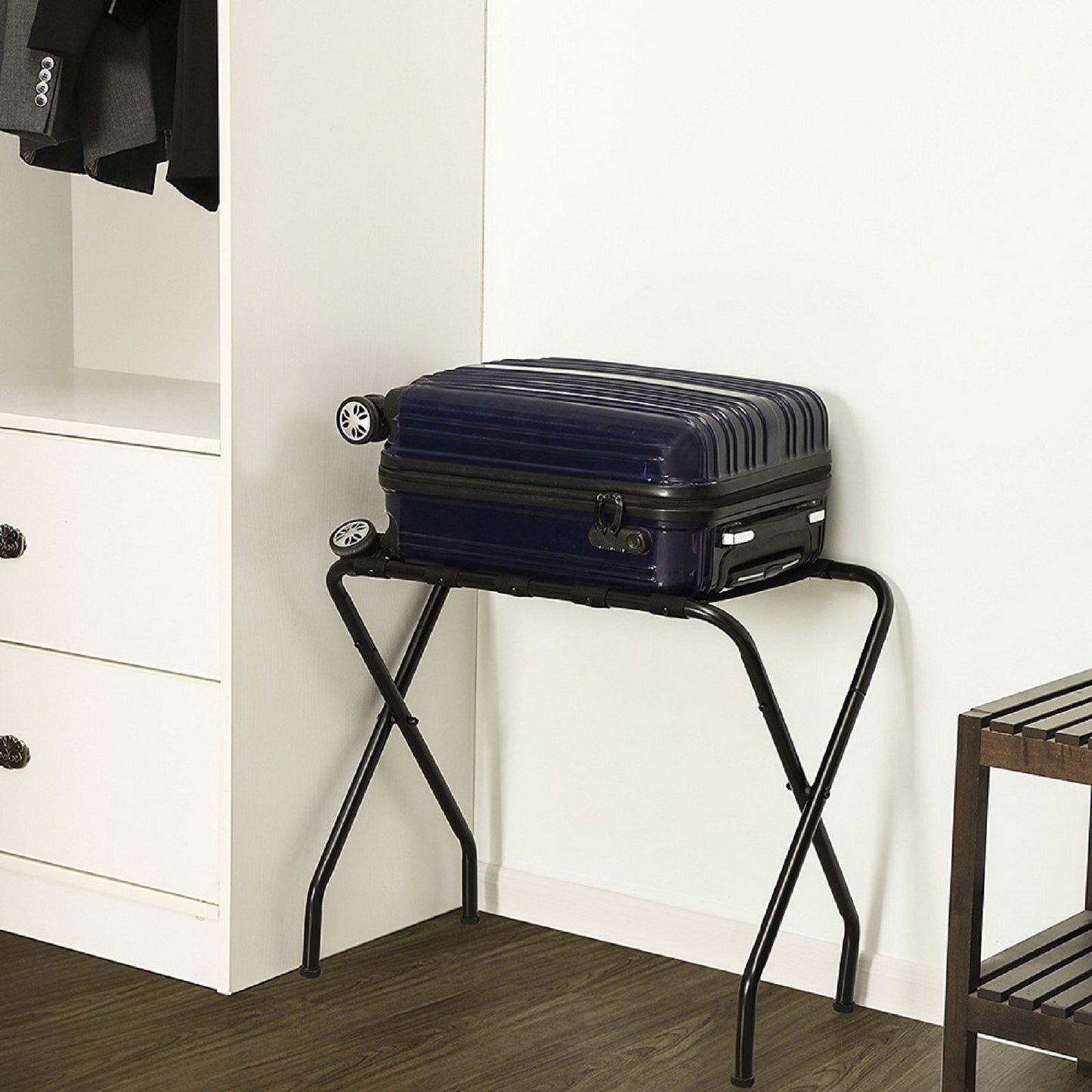 Smuxee Folding Suitcase Stand with Storage Shelf