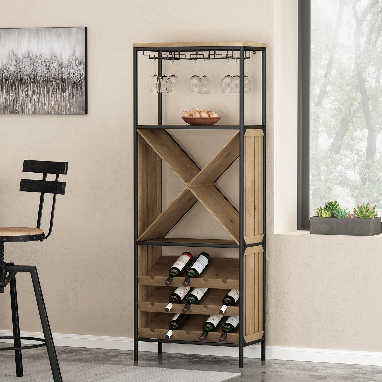 Algherohein Wine Rack with 3-Tiers Wine Storage Shelves and Glass Holders,Wine Bar Cabinet