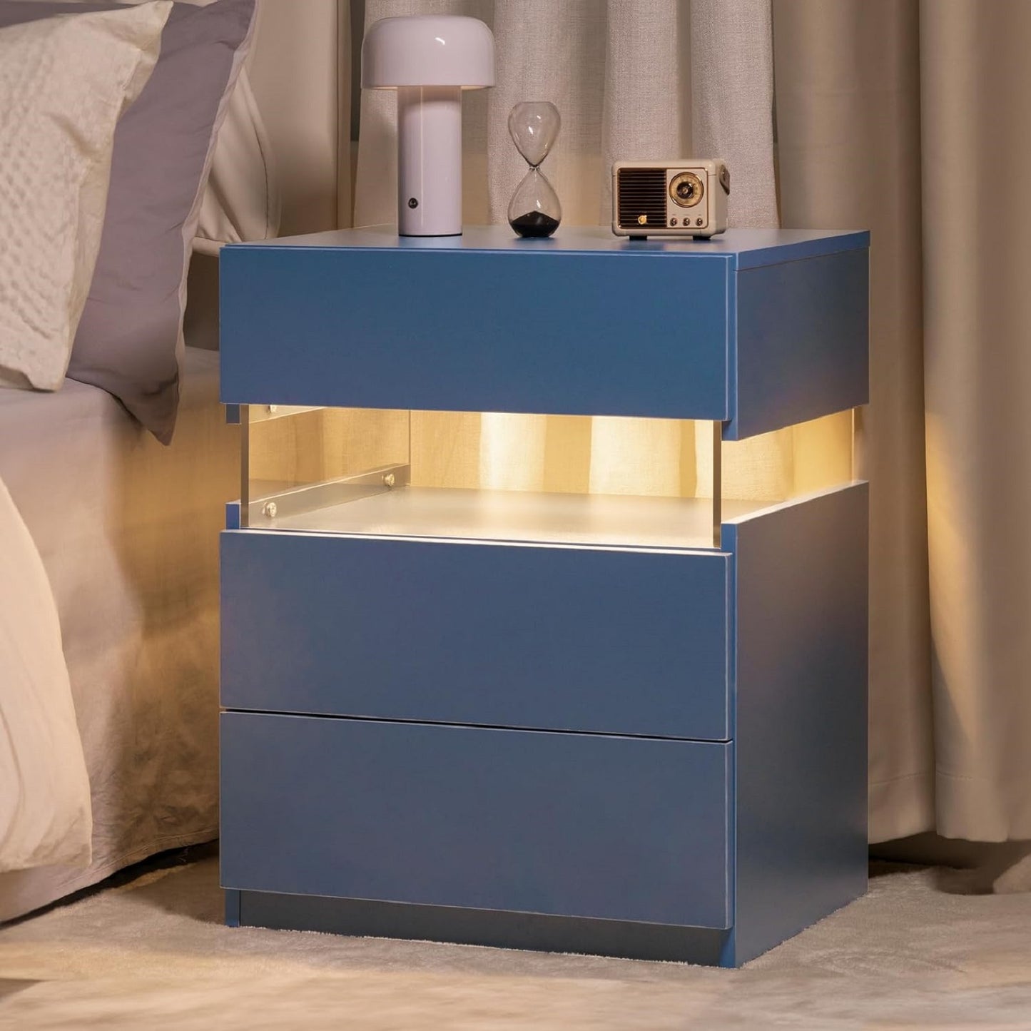 Algherohein 3 Drawer White Nightstand with LED Lights,Side Tables End Tables for Bedroom
