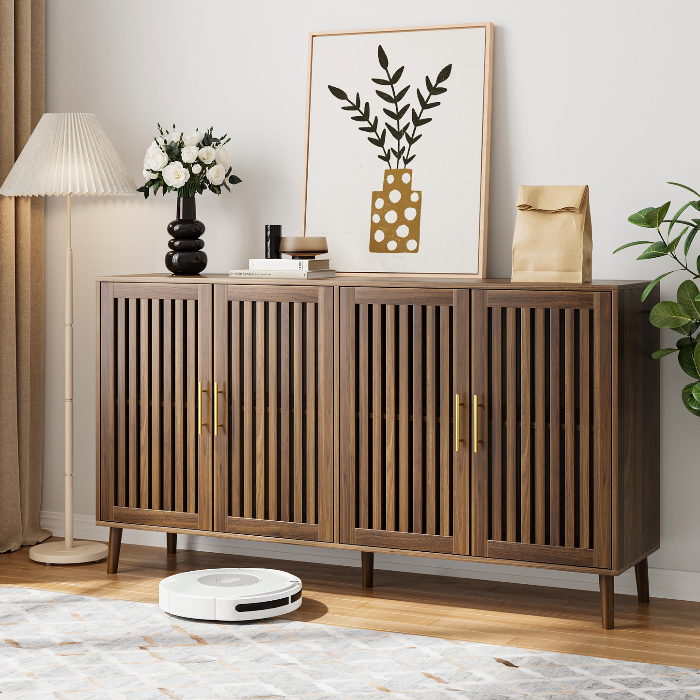 Algherohein Modern Sideboard and Buffets Cabinet,Entryway Cabinet with Grille Striped Door