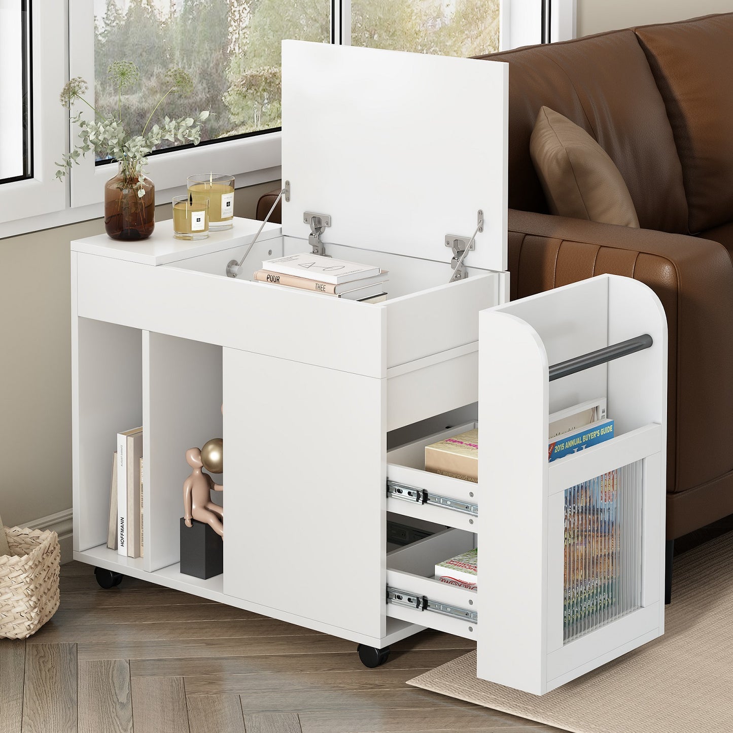 Algherohein Extendable End Table with Wheels,Modern Storage Side Table