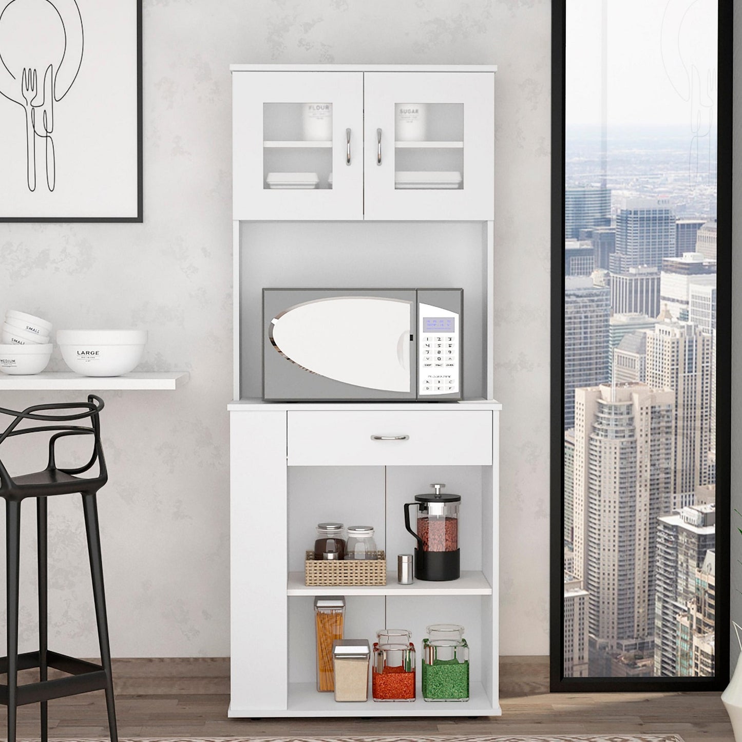 Algherohein Modern Pantry Storage Cabinet with Shelves,Doors and Drawer,Kitchen Cabinets,White