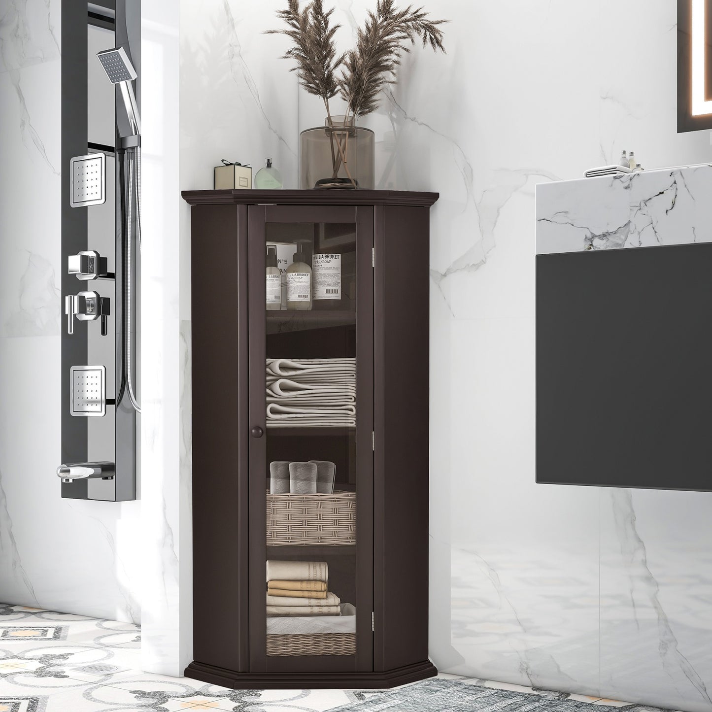 Smuxee Bathroom Corner Cabinet with 3 Shelf,Toilet Small Storage Cabinet with Glass Doors