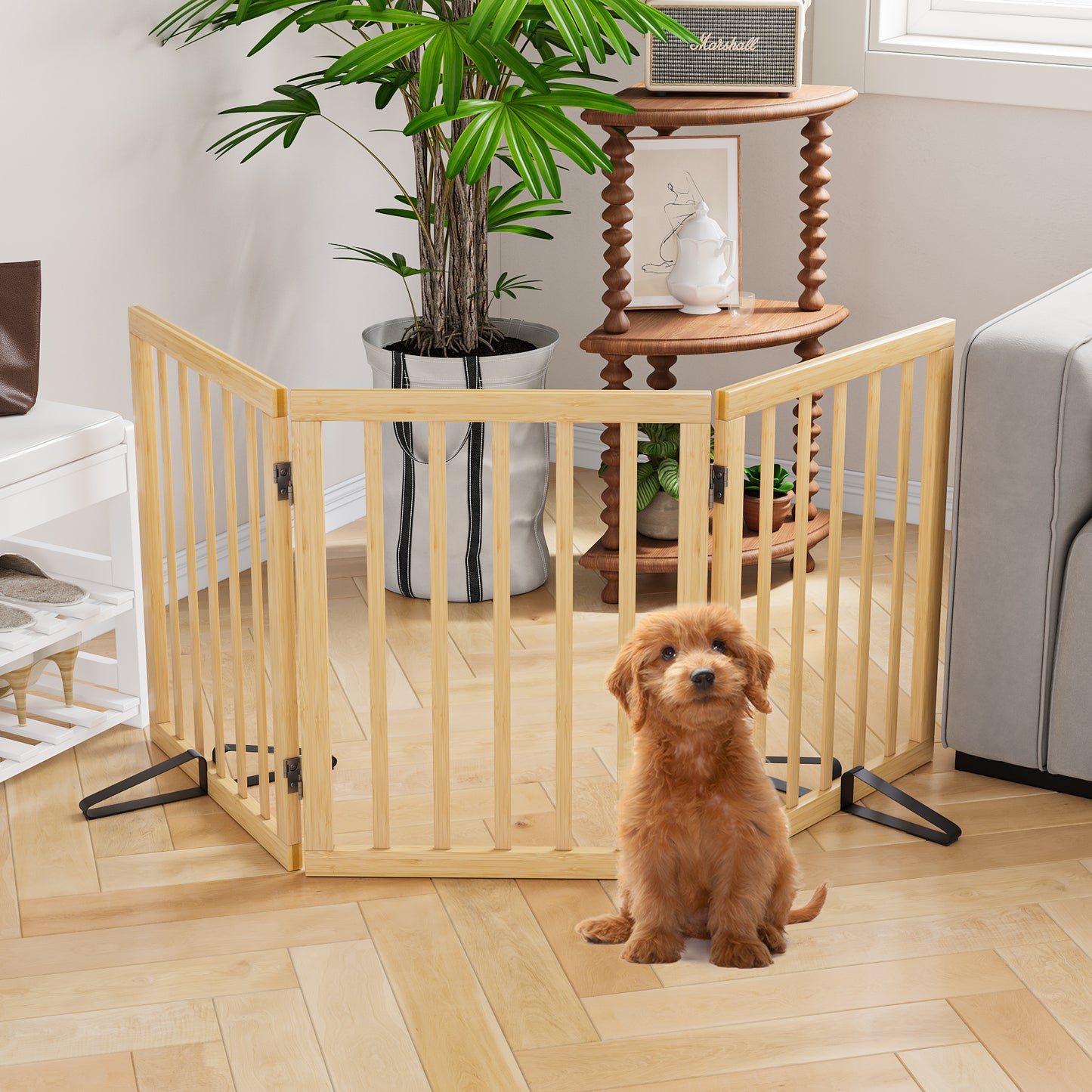 Algherohein Dog Gate for Inside,Bamboo Freestanding Pet Gate for Doorways