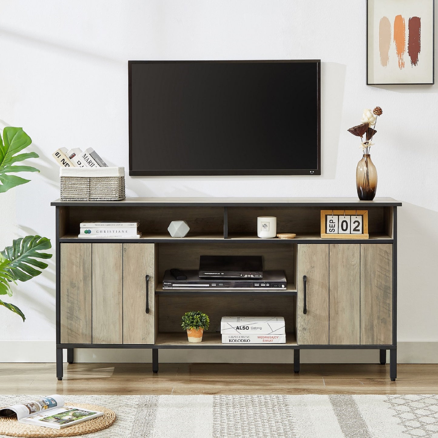 Algherohein Modern TV Stand for 65 inch,58in Length Entertainment Center for TVs Shelves Cabinets