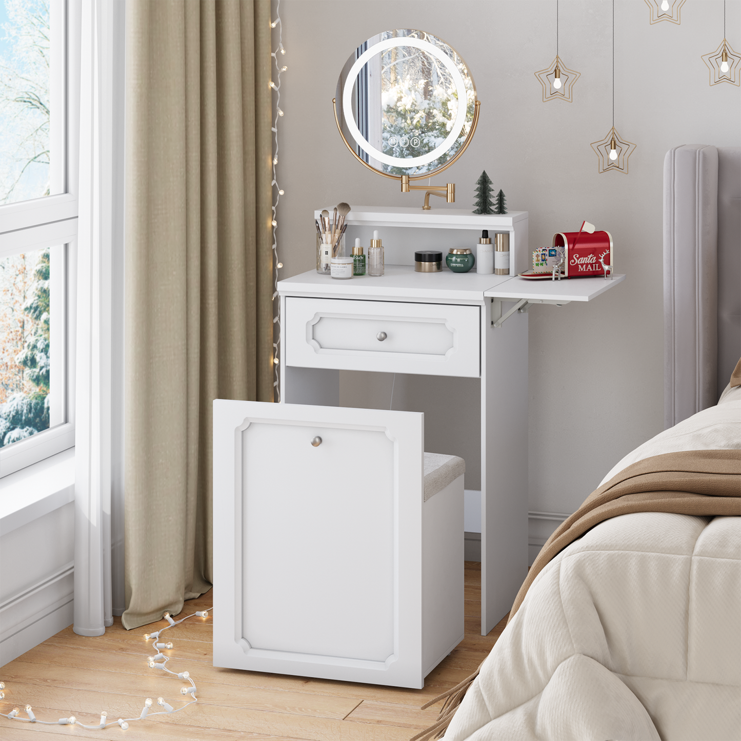 Smuxee 3 In 1 White Vanity Set with Mirror and Lights,Makeup Vanity with Drawer and Vanity Stool