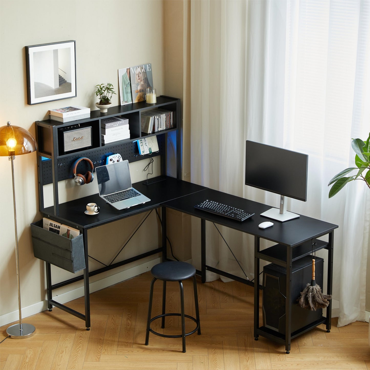 Algherohein Computer Desk Gaming Desk,L Shape Black Storage Office Table