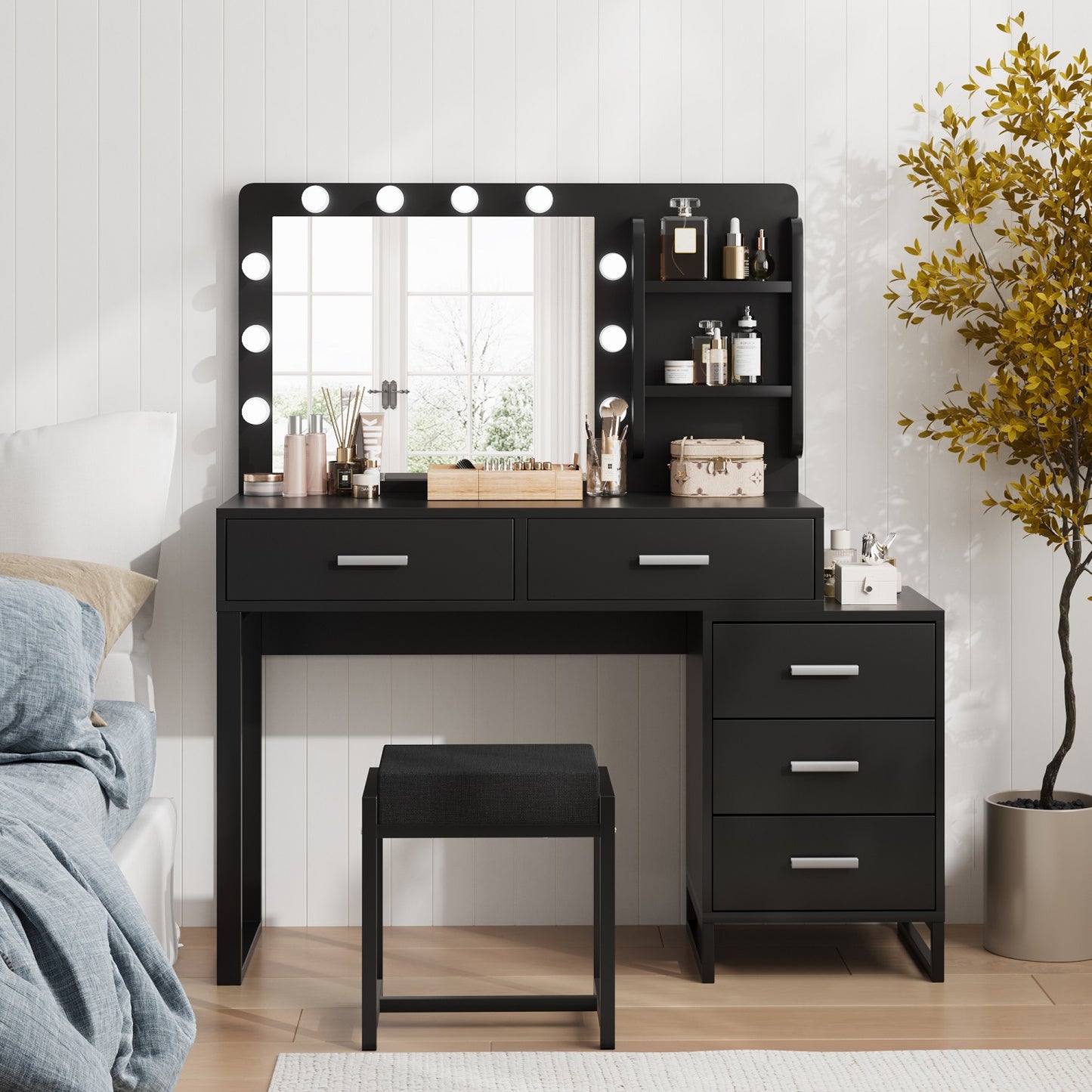 Smuxee Modern Dressing Table Set with 10 LED Lights and Mirror ,Black