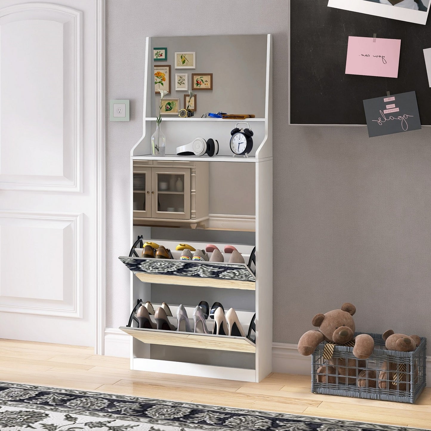 Algherohein Shoe Storage Cabinet with Mirrors,3 Srawers Shoe Rack for Entryway,White