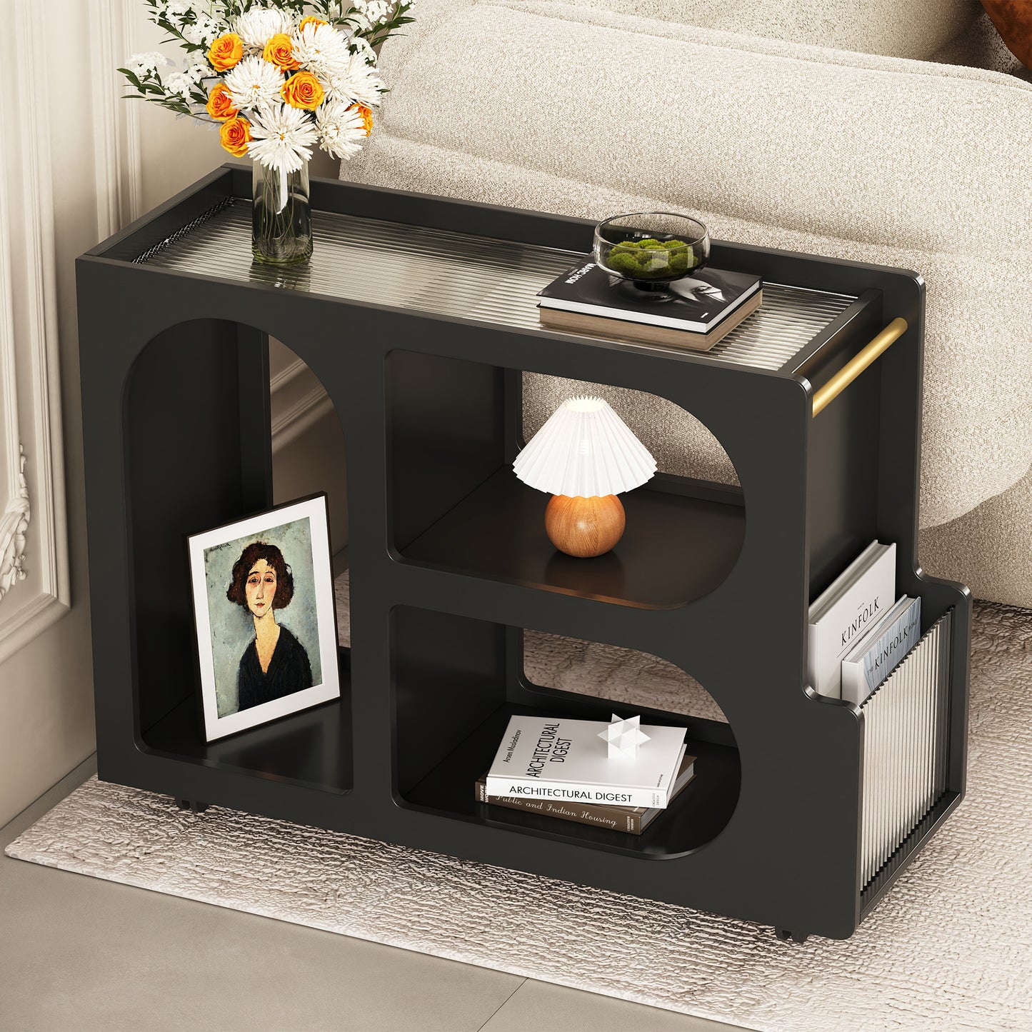 Algherohein Extendable End Table with Wheels,Modern Storage Side Table