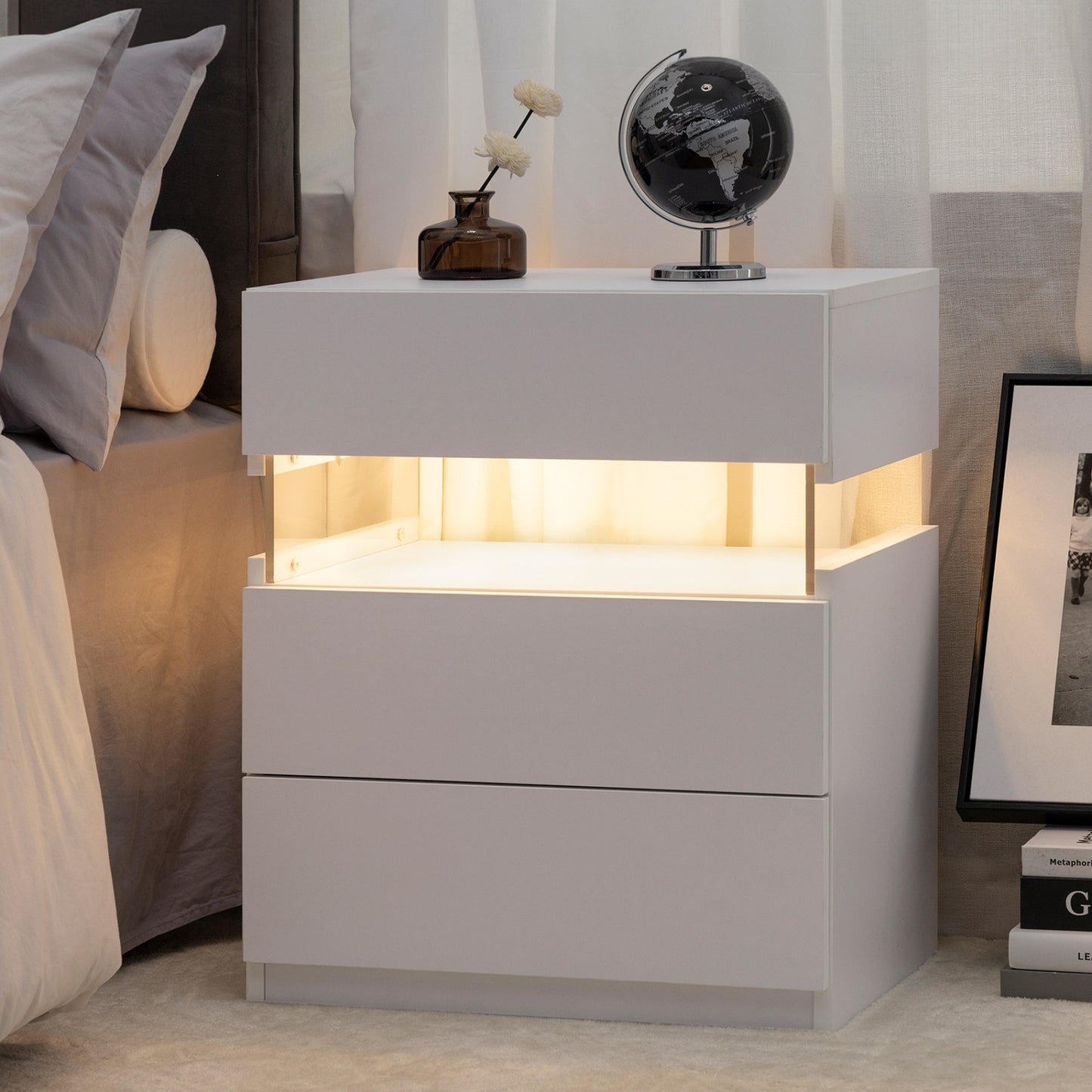 Algherohein 3 Drawer White Nightstand with LED Lights,Side Tables End Tables for Bedroom