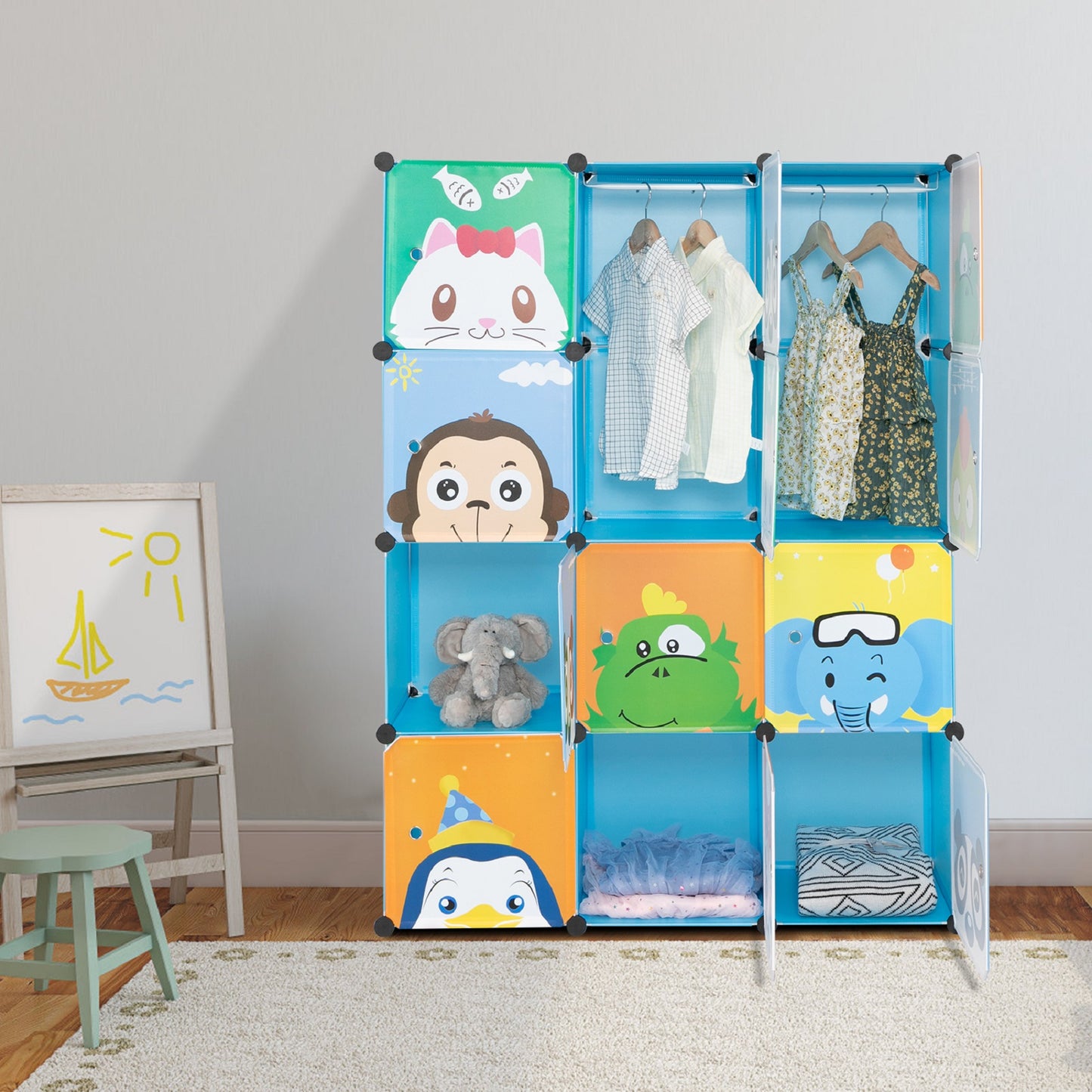 Smuxee Cartoon Animals Kids DIY Storage Closet,Kid Toys and Bookshelf Storage 12 Cube Organizer