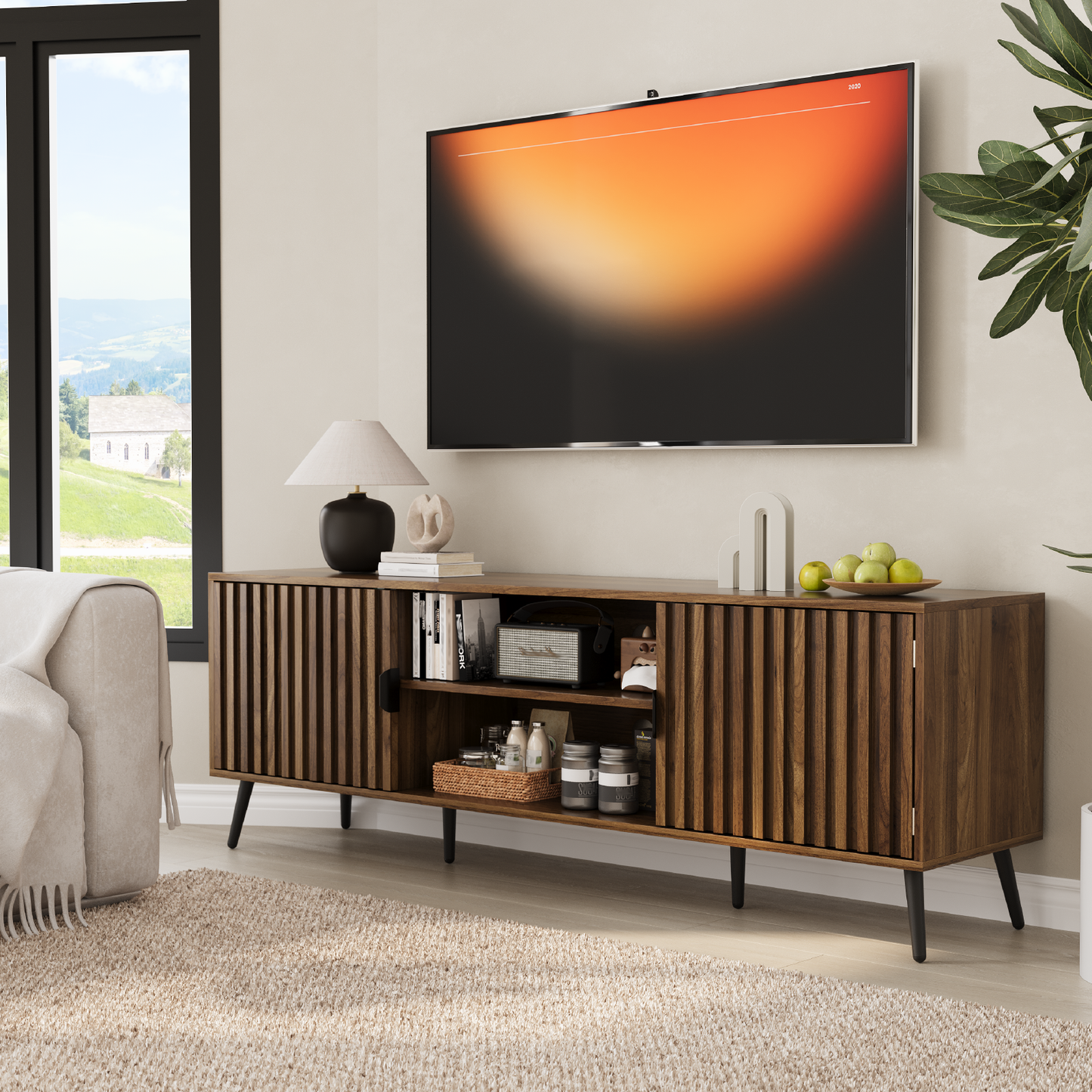 Algherohein Walnut TV Stands,Storage Cabinet and Shelf TV Console