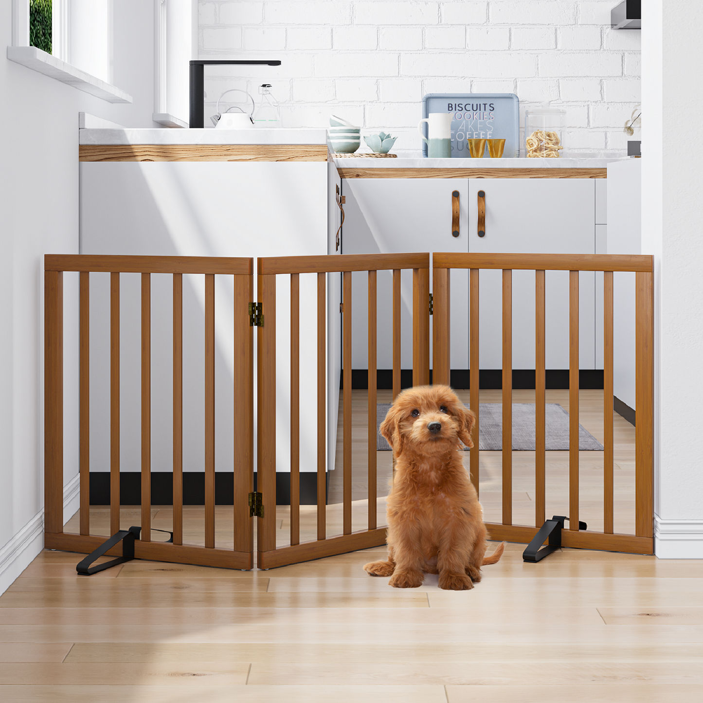 Algherohein Dog Gate for Inside,Bamboo Freestanding Pet Gate for Doorways