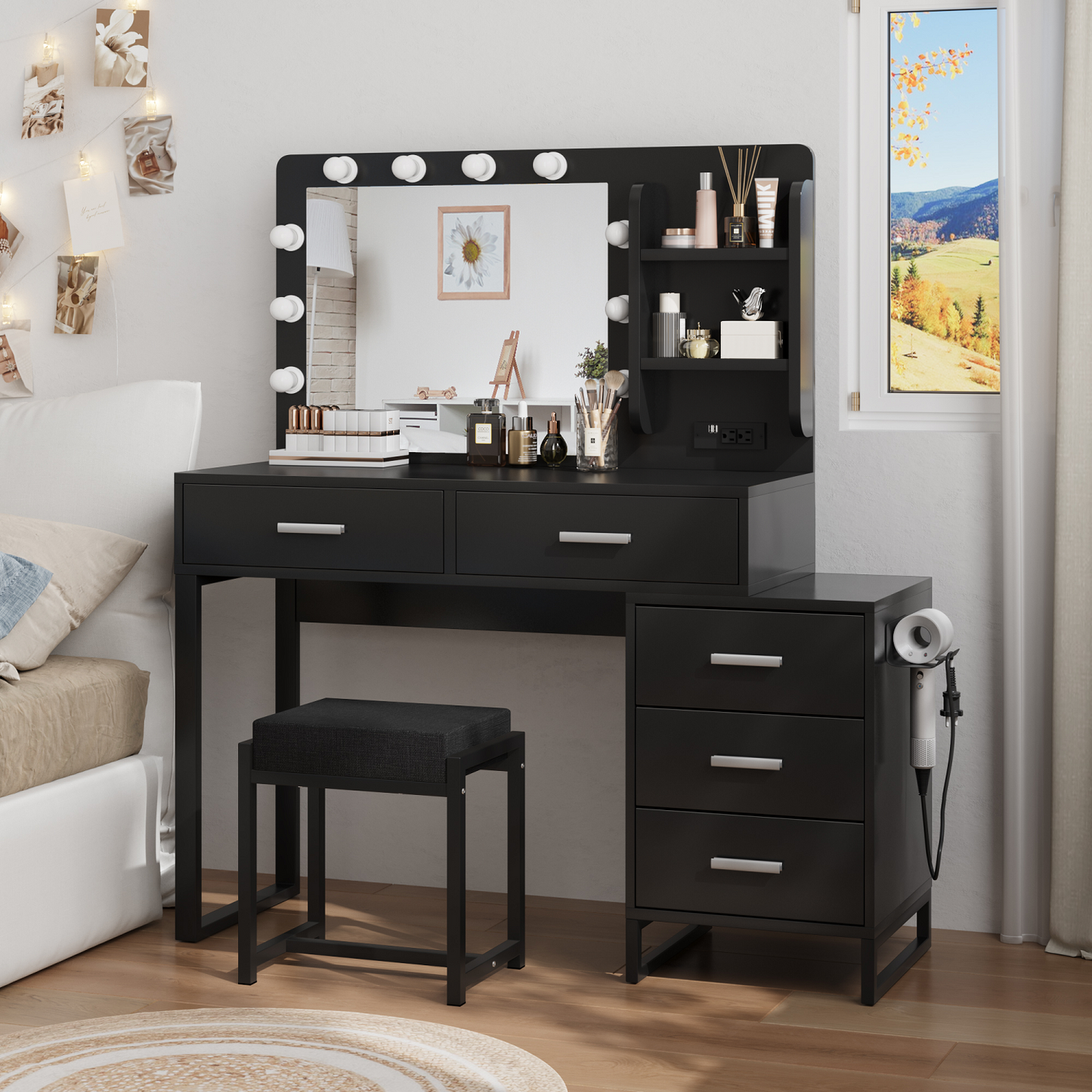 Algherohein Vanity Set with Mirror and Charging Station,Modern Makeup Vanity for Bedroom