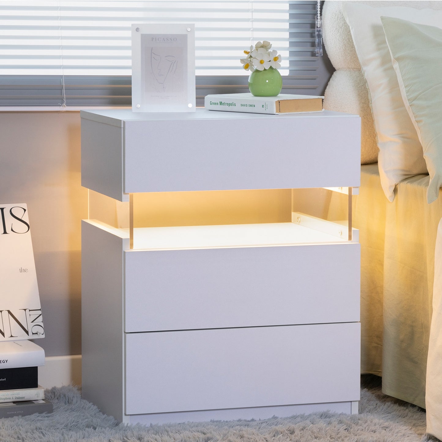 Algherohein 3 Drawer White Nightstand with LED Lights,Side Tables End Tables for Bedroom