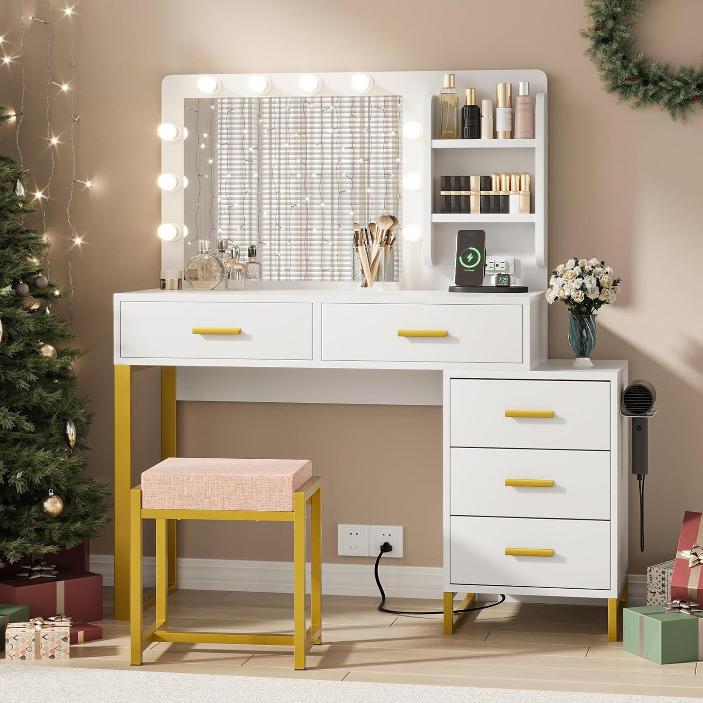 Semiocthome Modern White Vanity Tables Set for Bedroom with LED Lights