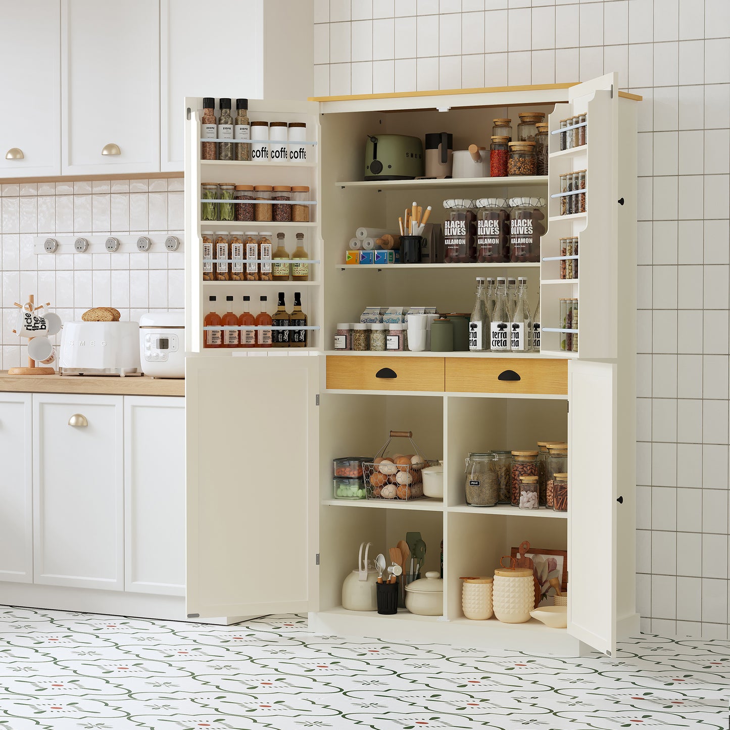 Smart FENDEE Freestanding Kitchen Pantry Storage Cabinet with 2 Drawers and Adjustable Shelves