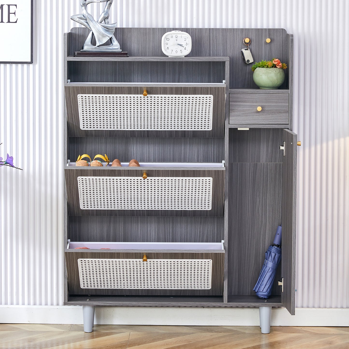 Smart FENDEE Modern Shoes Cabinet with 2 Rattan Flip Drawers for Entryway
