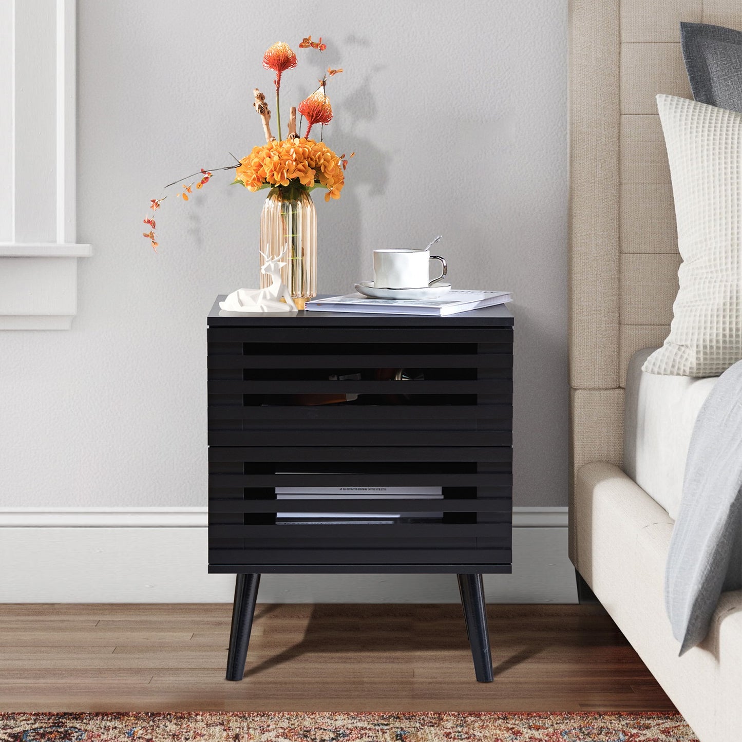 Algherohein Bedroom Wood Nightstand Set of 2 with Hollowed-Out Drawer,Living Room Side Tables