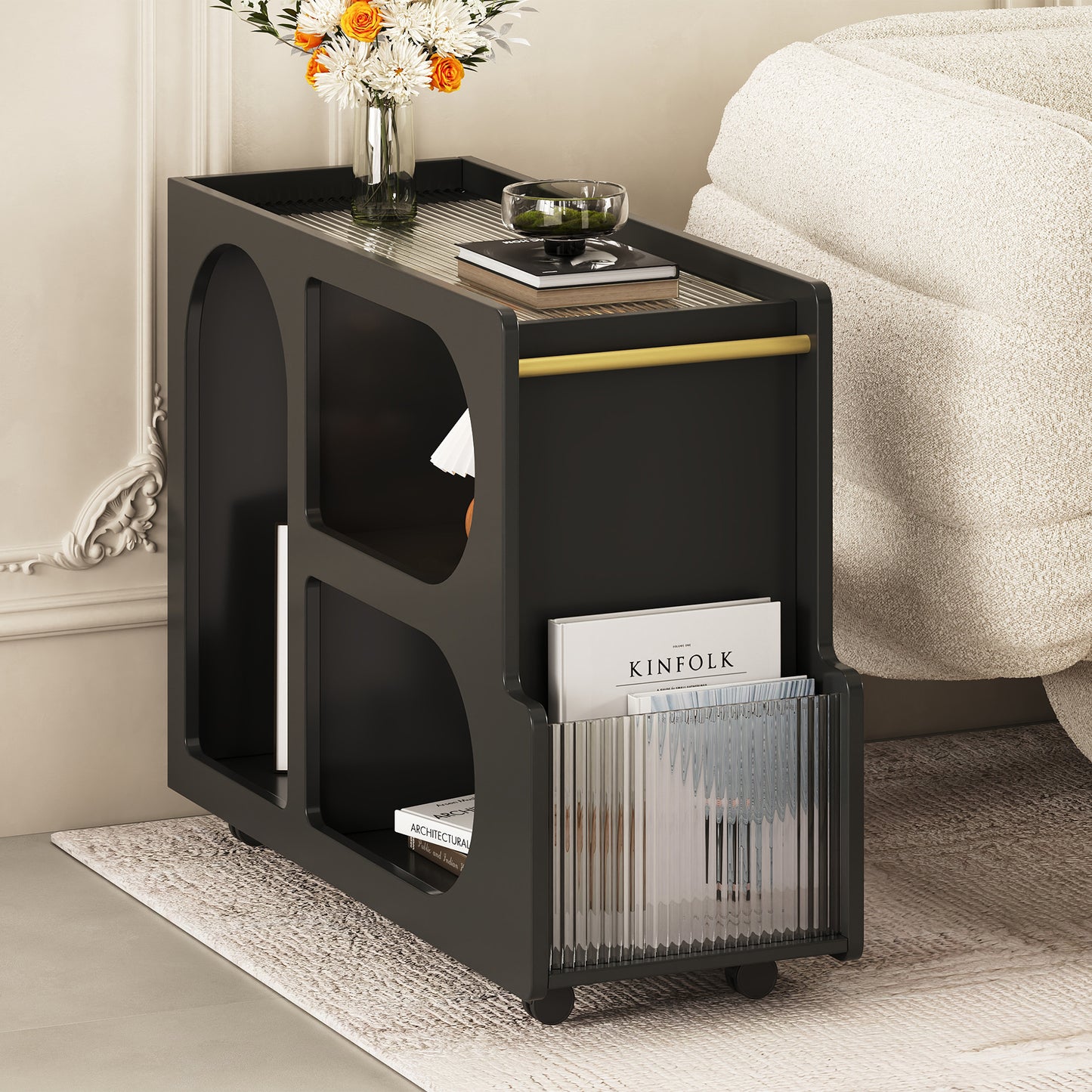 Algherohein Extendable End Table with Wheels,Modern Storage Side Table