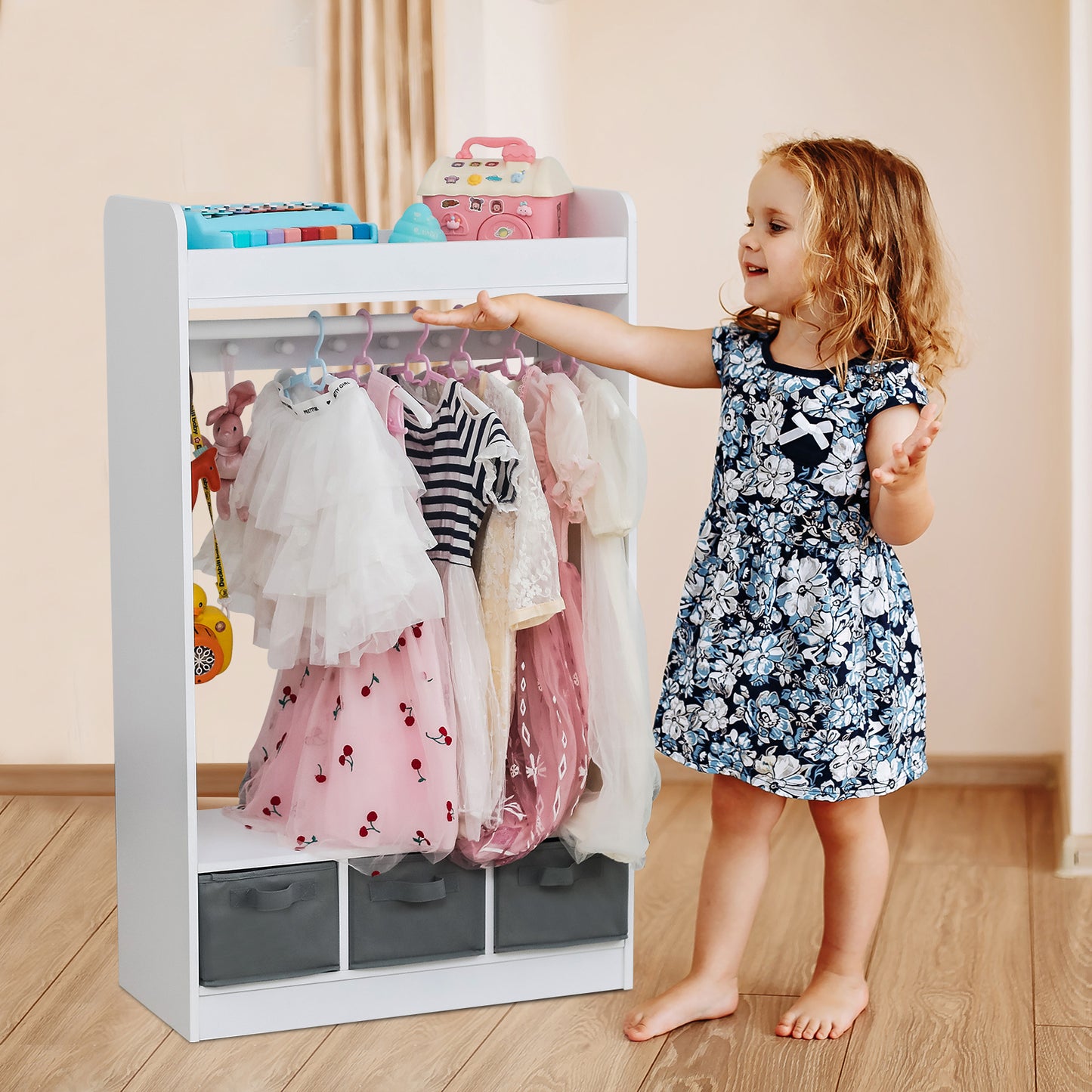 Smuxee Wood Kids Closet Clothes Organizer with Mirror,Kids Toys Organizer Bookshelf for Girl