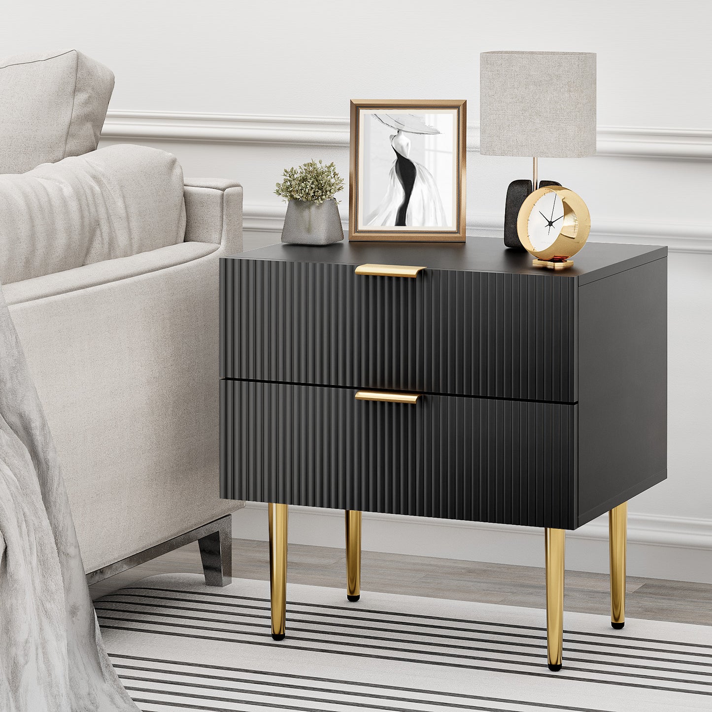 Semiocthome Night Stands for Bedroom with Wave Pattern,Modern End Tables with 2 Drawer