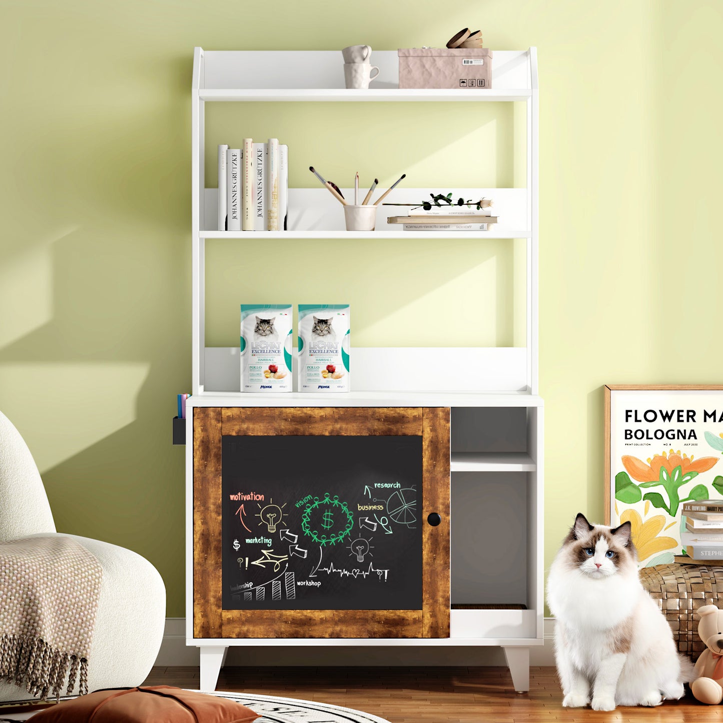 Smart FENDEE Cat Litter Box Enclosure Furniture with 2 Storage Shelves and 1 Doors, Indoor, White
