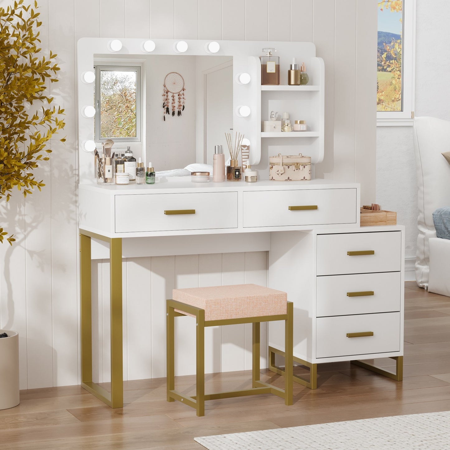 Smuxee Modern Dressing Table Set with 10 LED Lights and Mirror ,Black