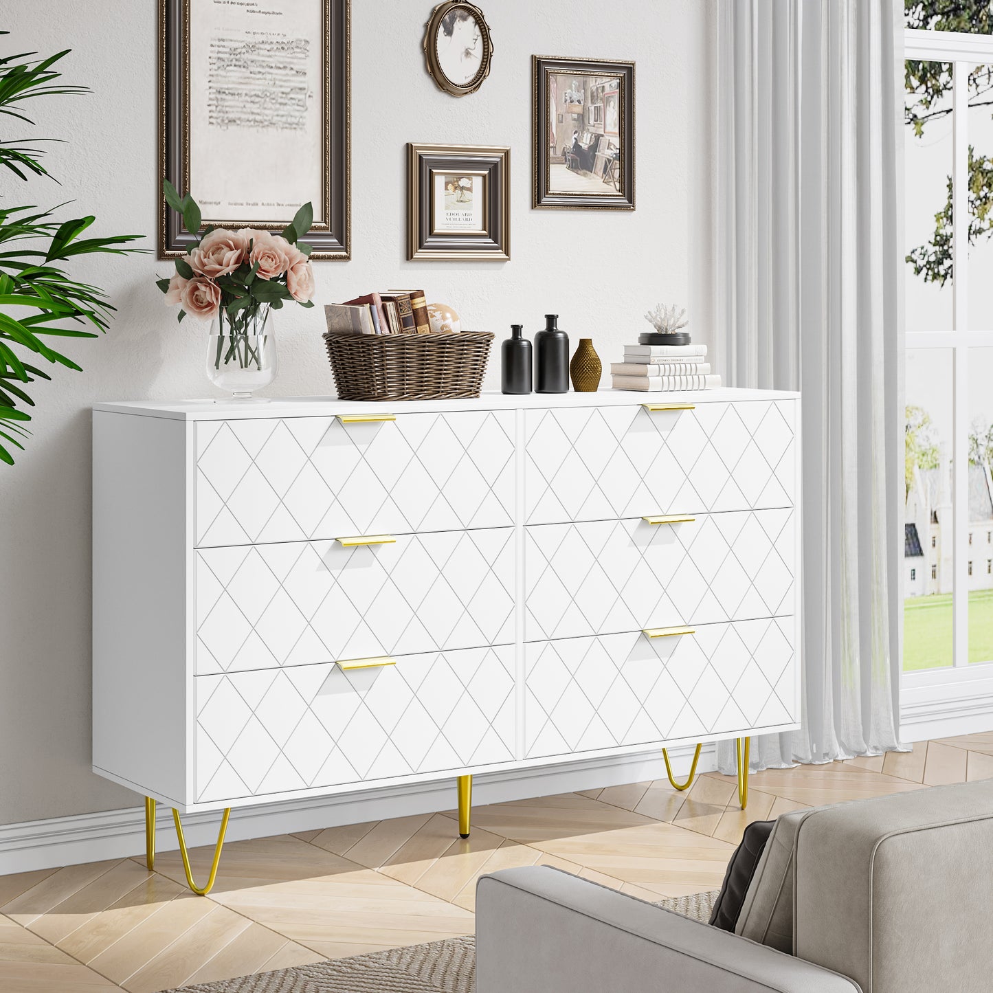 Smart FENDEE 6 Drawer Dresser Storage Cabinet Chest of Drawer for Bedroom, White, Adult