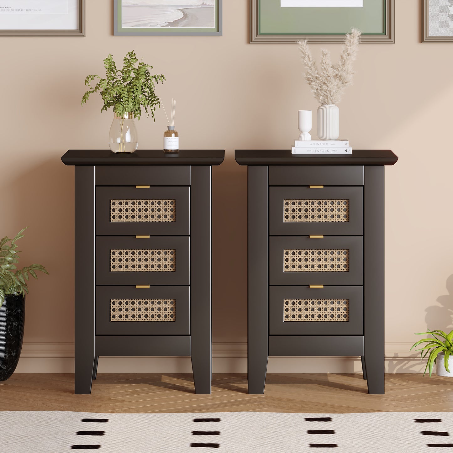 Semiocthome Modern Nightstand Set of 2 with 3 Rattan Drawers Bedside Table for Bedroom