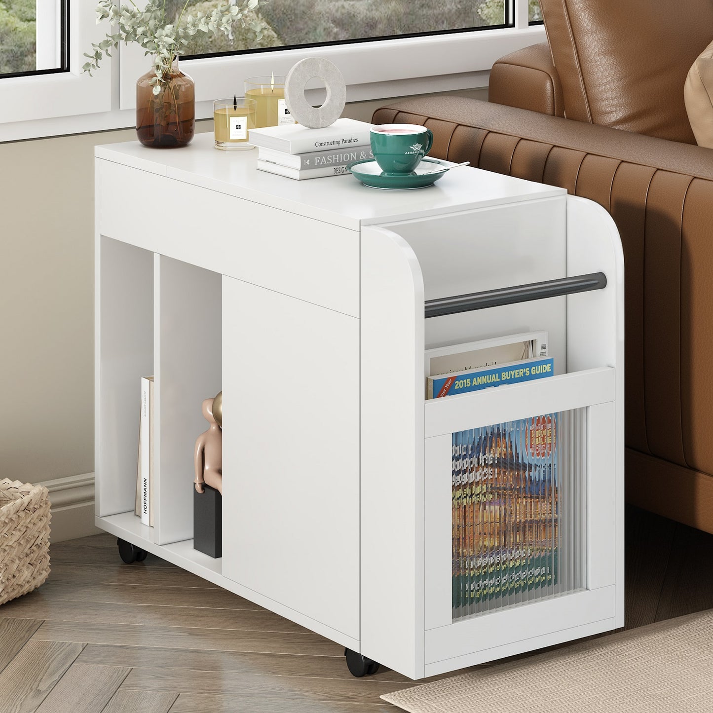 Algherohein Extendable End Table with Wheels,Modern Storage Side Table