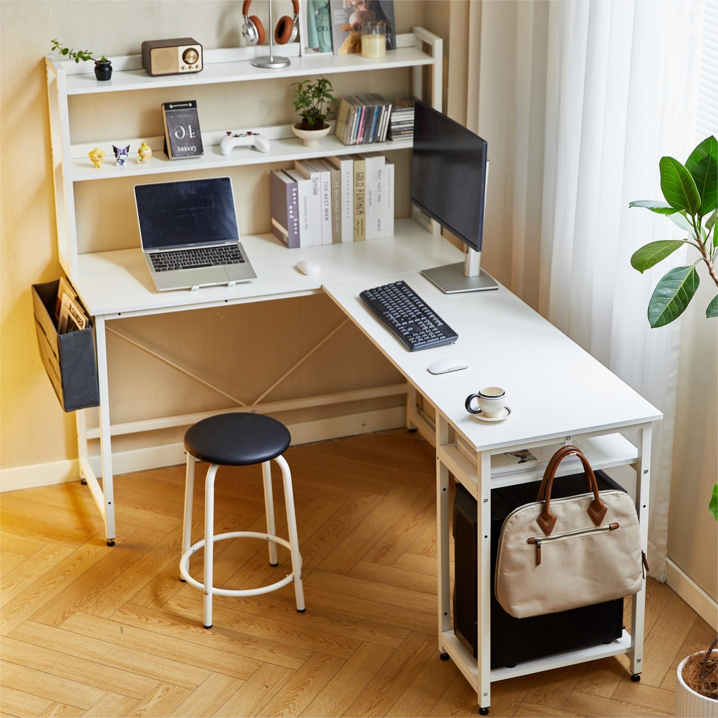 Algherohein Computer Desk Gaming Desk,L Shape Black Storage Office Table