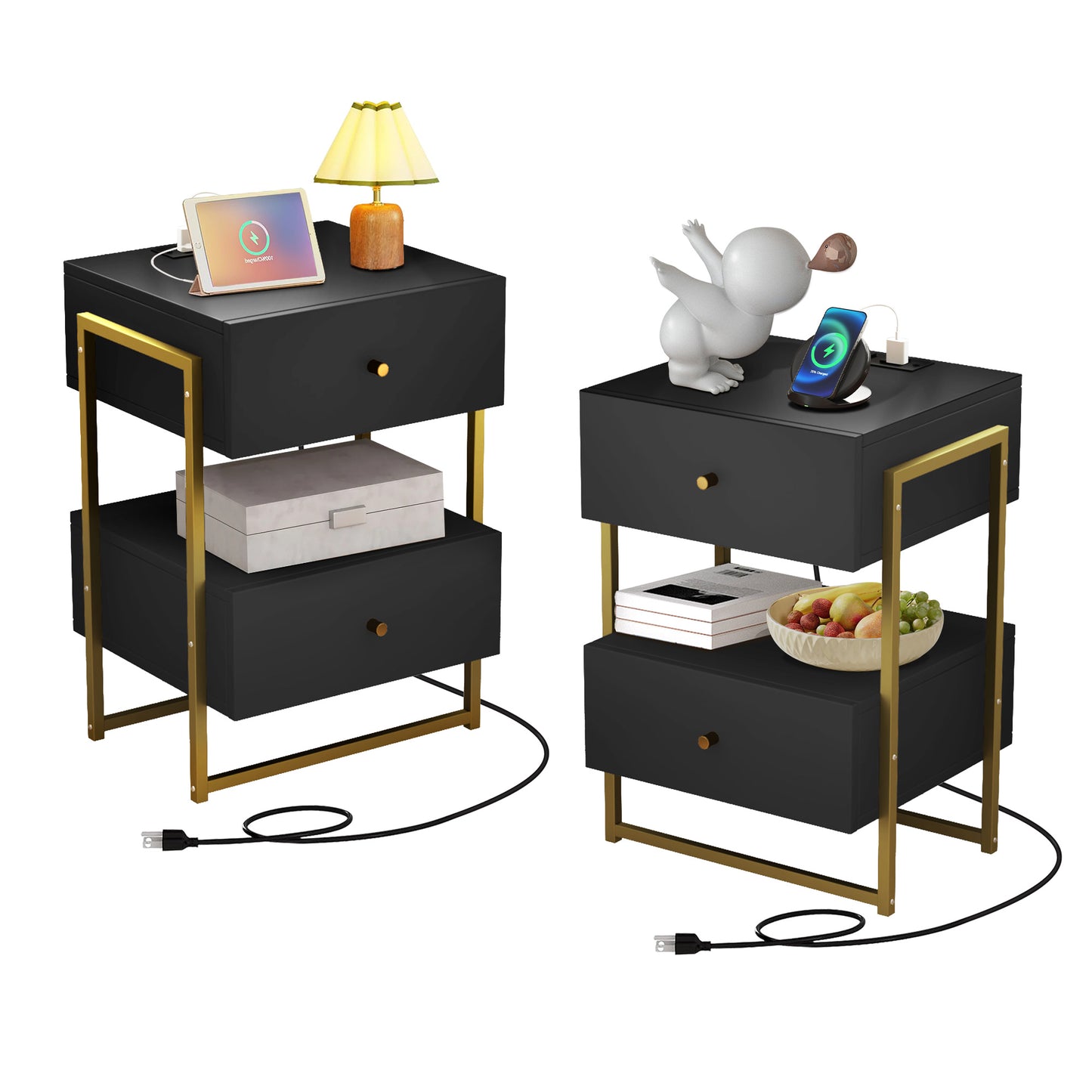 Semiocthome Nightstand Set of 2 with Charging Station and 2 Drawer,Bedside Table for Bedroom