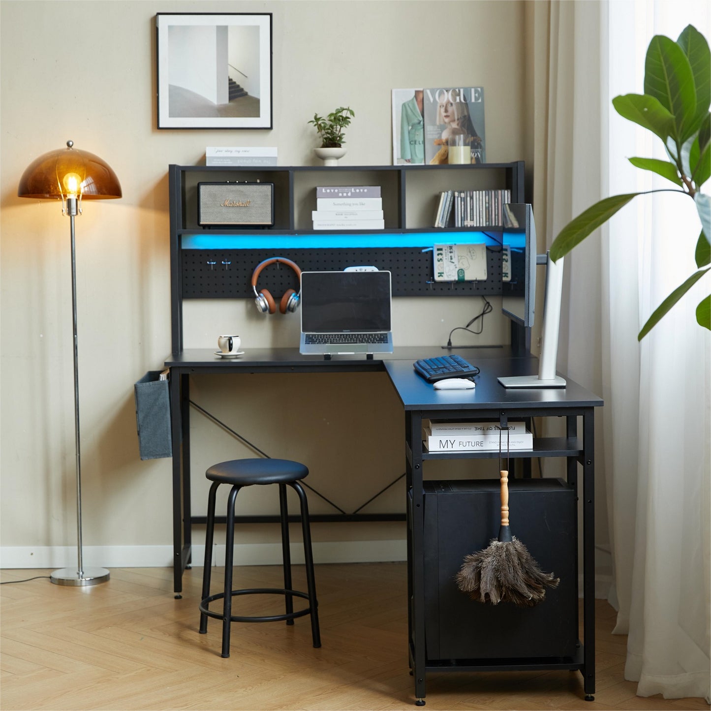 Algherohein Computer Desk Gaming Desk,L Shape Black Storage Office Table
