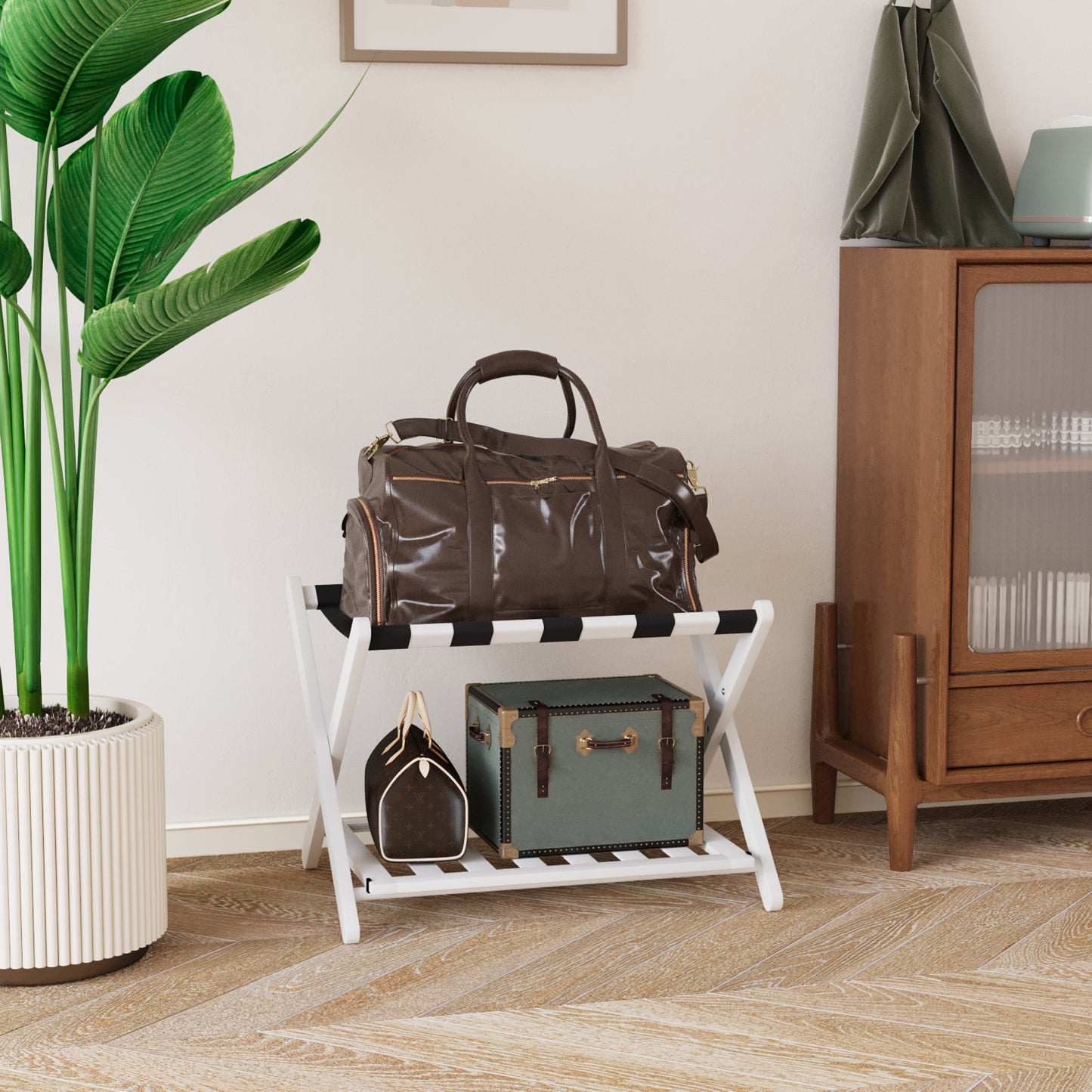 Algherohein Bamboo Folding Luggage Rack Suitcase Stand with Shelf
