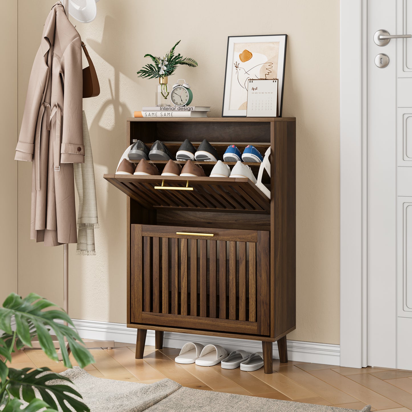 Semiocthome Shoe Storage Cabinet with 2 Flip Louvered Drawers