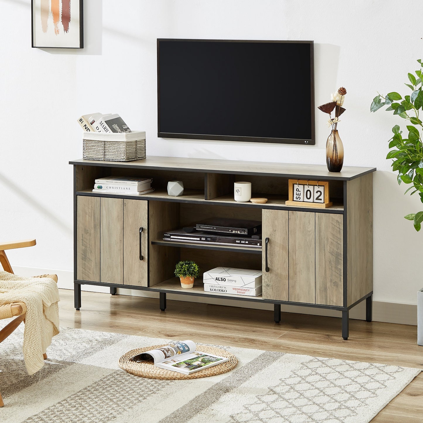 Algherohein Modern TV Stand for 65 inch,58in Length Entertainment Center for TVs Shelves Cabinets