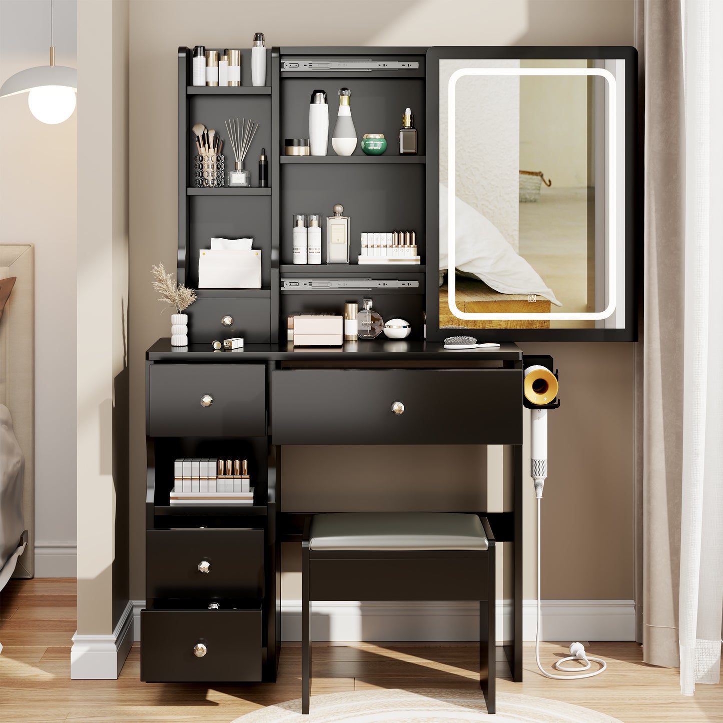 Semiocthome Modern Vanity Set with Mirror, Power Station, Hair Dryer Bracket