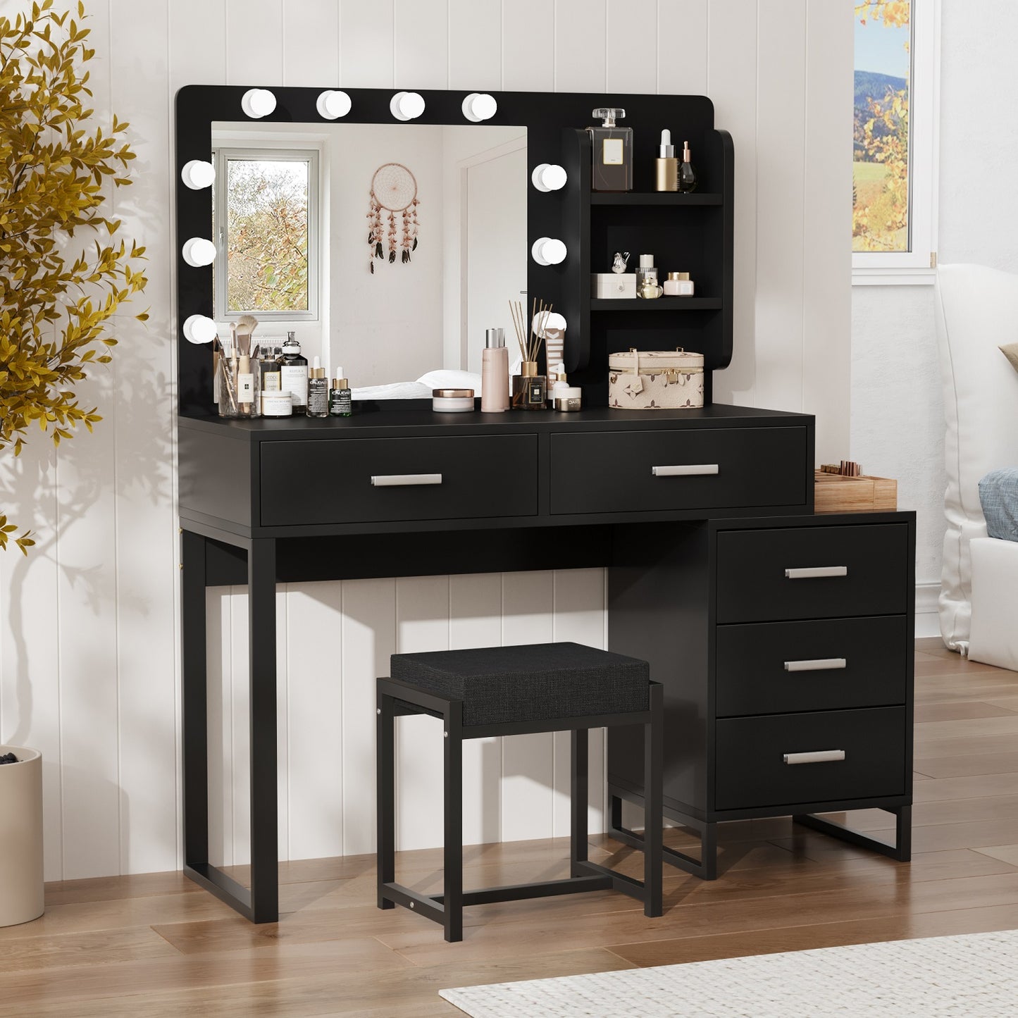 Smuxee Modern Dressing Table Set with 10 LED Lights and Mirror ,Black