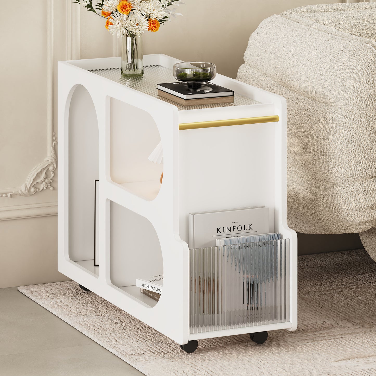 Algherohein Extendable End Table with Wheels,Modern Storage Side Table