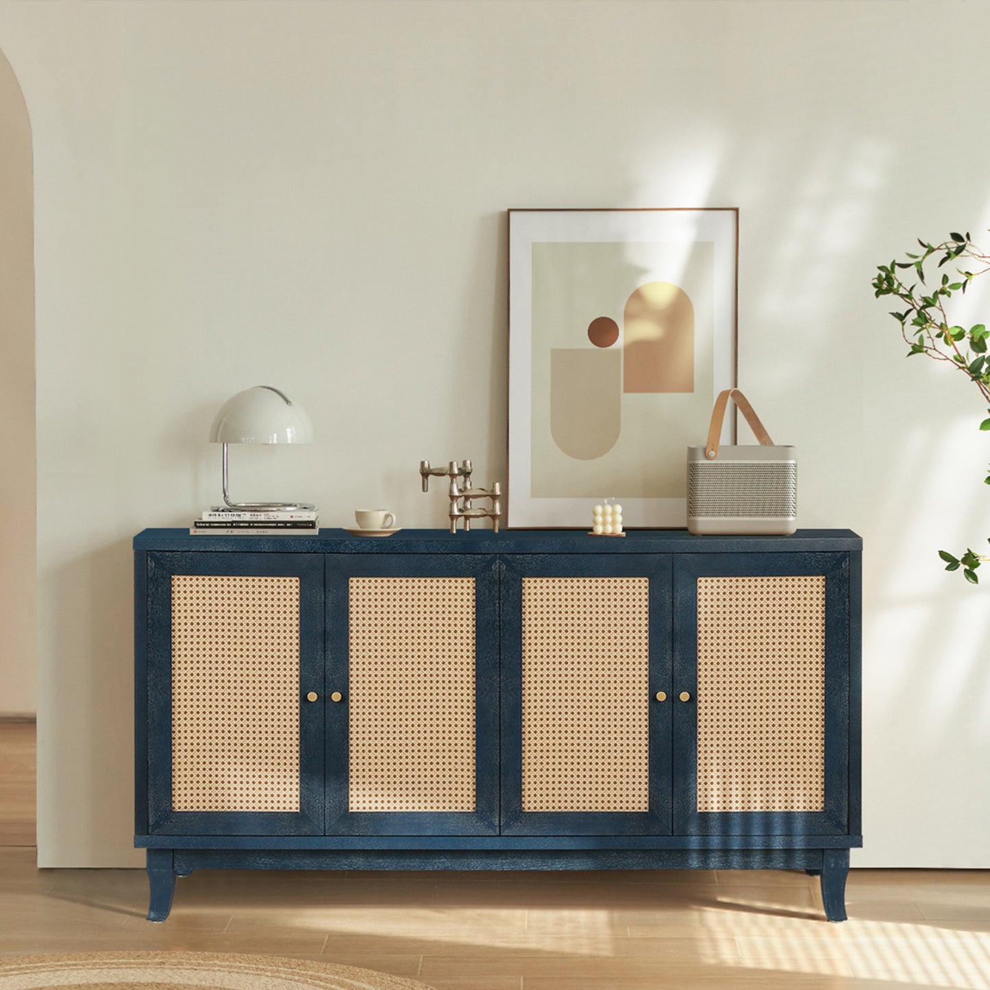 Smart FENDEE Rattan Sideboard Buffet with 4 Rattan Doors for Living Room