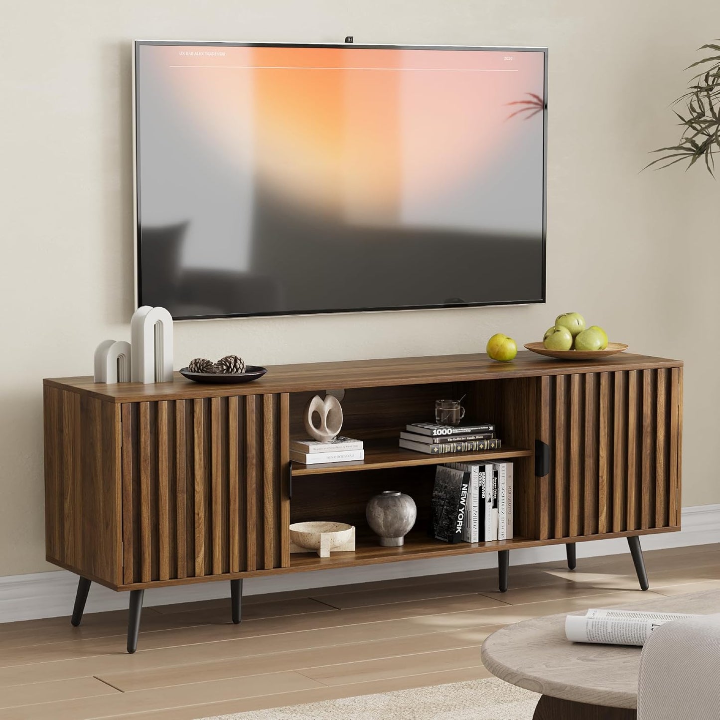 Smart FENDEE Mid Century TV Stands with Storage Entertainment Center for 60 TV, Living Room, Walnut