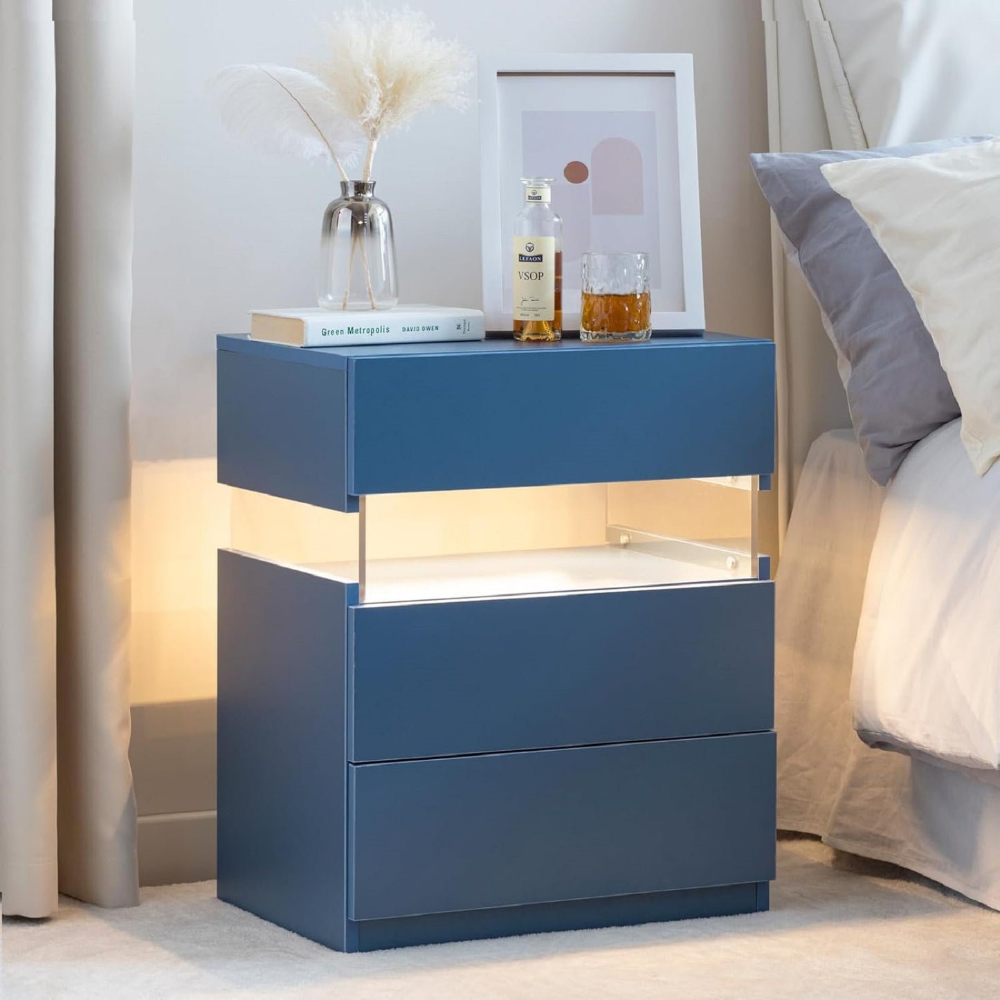 Algherohein 3 Drawer White Nightstand with LED Lights,Side Tables End Tables for Bedroom